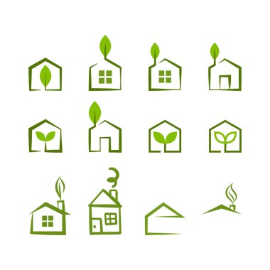 Yaprak ve yeşil ev logo şablonu seti veya koleksiyonu.
