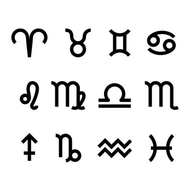 Beyaz arkaplanda izole edilmiş siyah astrolojik işaretler, düz vektör ve basit biçim çizimi.