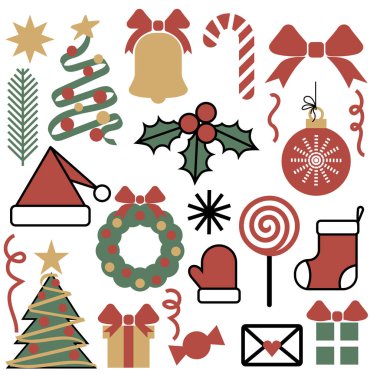 Noel ve Yeni Yıl dekorasyon ikonları koleksiyonu. Noel ağacı ve çorap, hediye kutusu, Noel çanları, kutsal çilek, havai fişekler, şeker kamışı, Noel Baba şapkası, konfeti ve süsler..