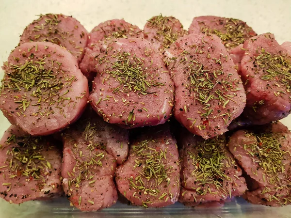 Fillet Steak Tenderloin Cut Herbs Spices Mushrooms — Stock Photo, Image