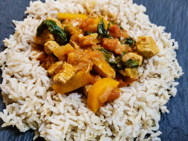 Spicy Chicken Curry Vegetables Rice — Stock Photo, Image