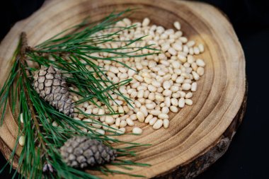 Sedir konileri ve zeytin ağacında fındıklar