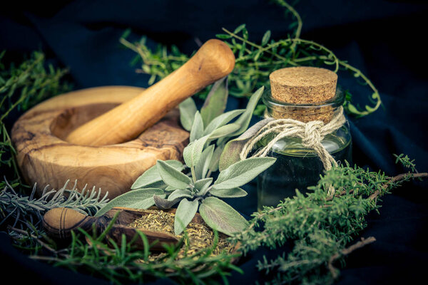 Herbs from French Provence on olive wood