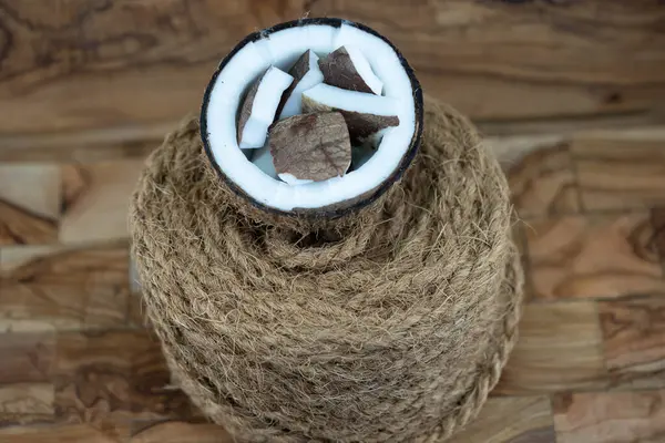 stock image Copra dried pulp and ropes made from fibers of the coconut Cocos nucifera