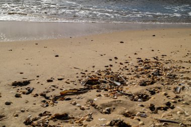 Blavand Danimarka 'nın kuzey denizindeki uçsuz bucaksız plajın izleri.