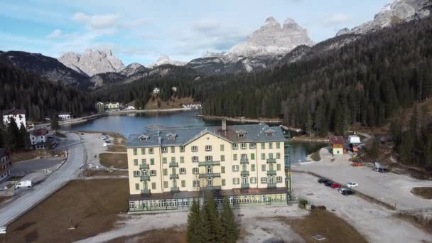 Jezioro Misurina Widokiem Szpital Asma Dolomity Lavaredo — Wideo stockowe