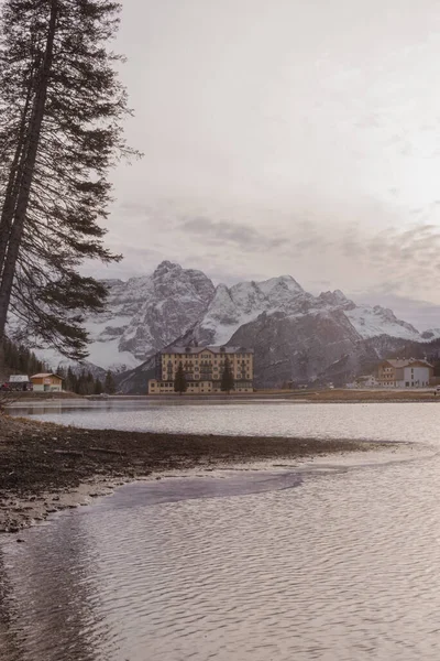 Lac Misurina Avec Vue Sur Hôpital Asma Les Dolomites Lavaredo — Photo