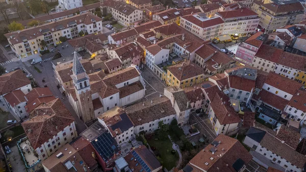 stock image Aerial view of the municipality of Motta di Livenza, drone, palaces and churches with bell tower, on the river bank