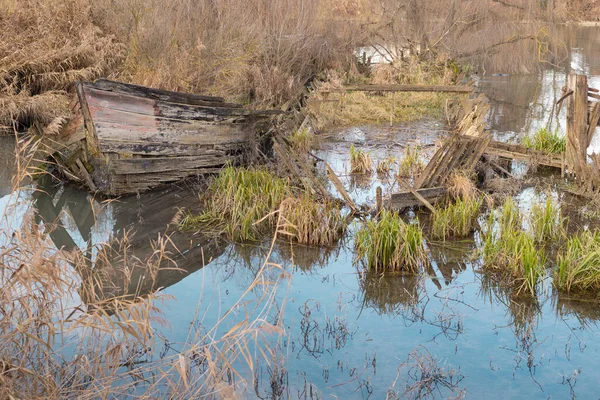 Boat cemetery located in the province of Treviso in Casier. Dead boats in crystal clear water with seagulls and birds that build nests for us to procreate.