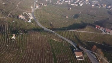 Unesco kovuşturma tepelerinin hava görüntüleri, Venedik sisi çerçeveli şarap dağları. Soğuk ve sisli kış..