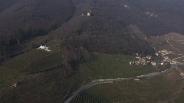 Aerial Shot Unesco Proseco Hills Wine Mountains Framed Venetian Fog — Vídeo de Stock