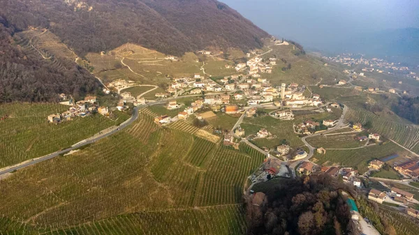 Aerial shot of the Unesco proseco hills, wine mountains framed by the Venetian fog.Cold and foggy winter.