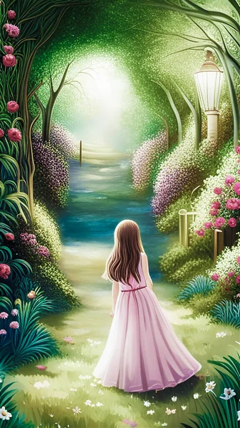 Молода Дівчина Прогулюється Лісистим Садом Ілюстрація Створена Штучним Інтелектом Яскраві — стокове фото