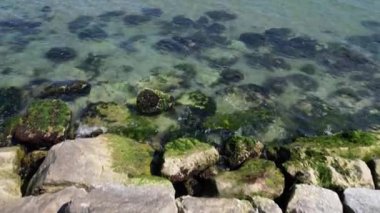 Deniz kenarındaki uçurumun havadan görünüşü ve berrak bir İtalyan denizi..