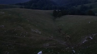 Sis ve yeşil çayırlı dağ manzarası. Gün batımında bulutlar.