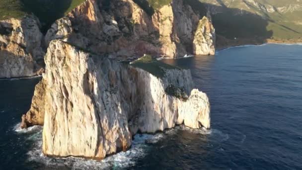 Rough Sea Sardinia Porto Flavia Aerial View Pan Zucchero Crystal — Stock Video