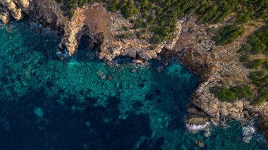 Sardunya 'daki İtalyan plajı, kristal berrak deniz ve yeşil bitki örtüsü