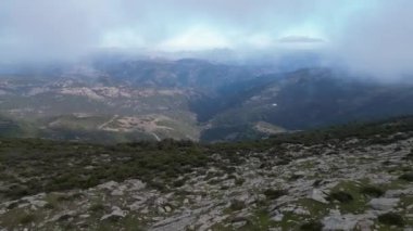 Dağlarda sisle kaplı ağaçlarla kaplı Gotik doğal manzara, Sardunya