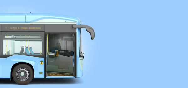 Empty blue city bus with open dors 3d render on blue gradient