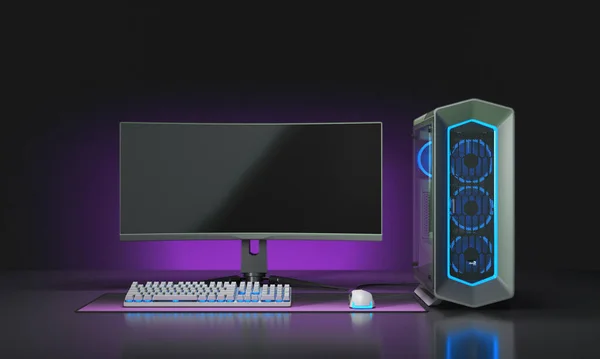 Komputer Gaming Biurku Ciemnym Pokoju Neonem Światła Futurystyczne Nowoczesne Miejsce — Zdjęcie stockowe