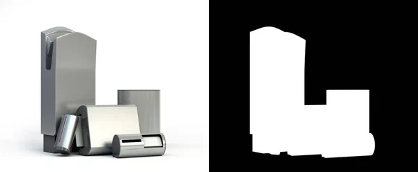 公衆トイレ用産業機器ハンドドライヤーナプキンホルダー液体石鹸用容器サッチェル3Dレンダリングアルファと白 — ストック写真