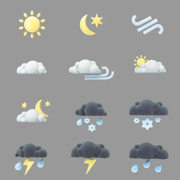 Set Three Dimensional Weather Icons Application Website Render Grey — Stock Photo, Image