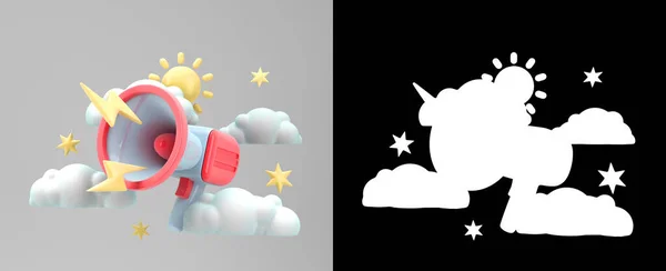 アルファで3Dレンダリングの周りに雲や星を持つプロモーションコンセプトのスピーカー — ストック写真