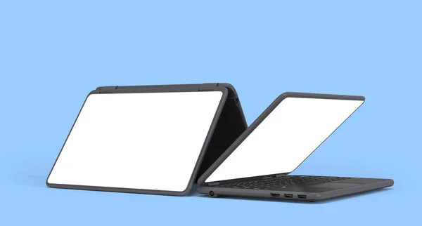 Prezentacja Nowego Nowoczesnego Laptopa Białym Pustym Ekranem Renderowania Niebieskim Tle — Zdjęcie stockowe