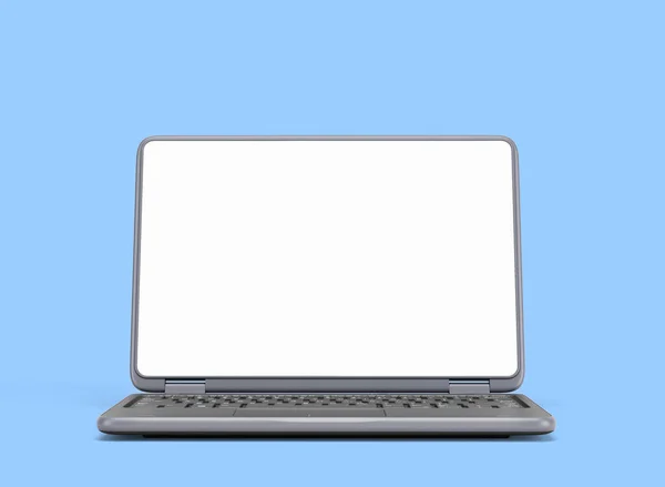 フロントプレゼンテーション新しい近代的なノートパソコンとともに白い空のスクリーン3Dレンダリングオンブルー — ストック写真