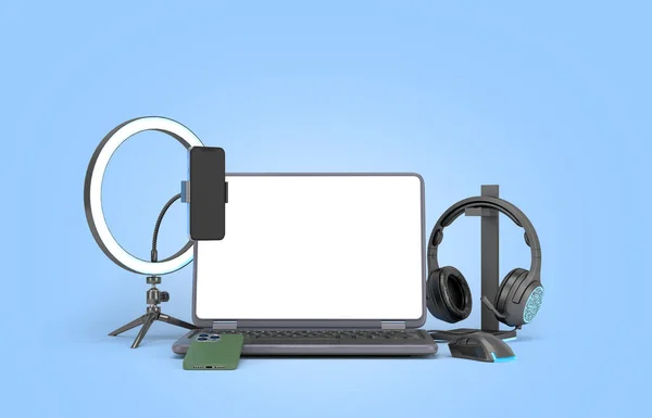 Moderne Laptop Met Leeg Scherm Accessoires Voor Streaming Weergave Beeld Stockfoto