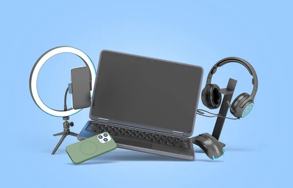 Moderne Laptop Met Accessoires Voor Streaming Render Image Blauw Stockfoto