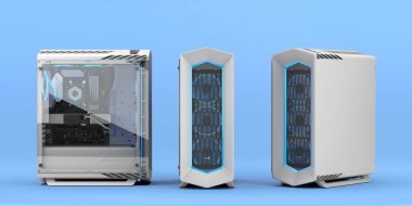 Neon ışıklı bilgisayar oyunu bilgisayarı. Gelecekçi modern iş yeri. Mavi üzerine 3D görüntüleme.