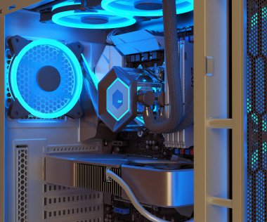 Bilgisayar Oyun PC iç tasarımı neon ışık tamir parçaları konsepti 3d alfa ile beyaz üzerine görüntü oluşturur