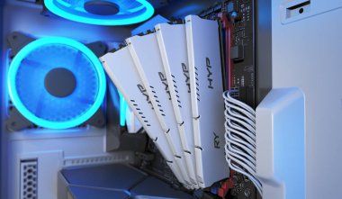 Computer Gaming PC interior with neon light repair parts ram concept 3d render image