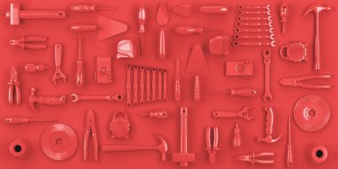 colored red tools set background concept of repair tools warehouse promotion 3d render