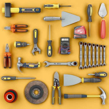 colored tools set background concept of repair tools warehouse promotion 3d render on yellow background