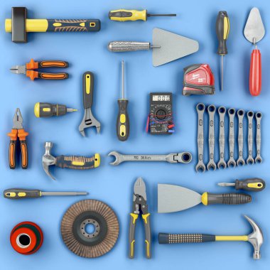 colored tools set background concept of repair tools warehouse promotion 3d render on blue background