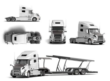 White mockup semi truck set with black inserts with carrying capacity of up to five tons front view 3d render on white 