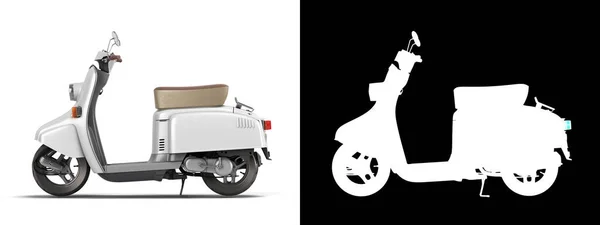 白色复古滑板车个人运输的公事公办左景3D渲染白色与阿尔法 — 图库照片