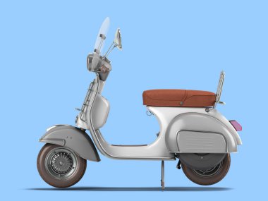 Otobüsler için beyaz retro scooter kişisel taşımacılığı mavi arkaplanda 3D görünümü terk etti