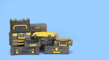 Set of professionsl tools cases 3d render on blue background