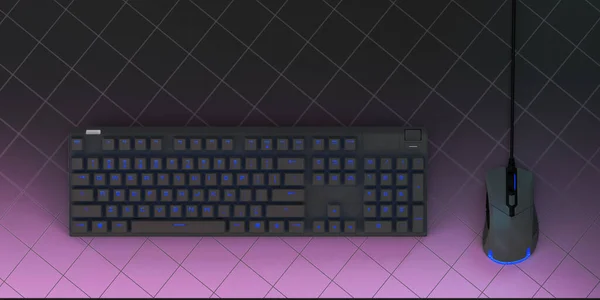 Computer Gaming Keyboard Neon Light Futuristic Modern Workplace Render — Fotografia de Stock