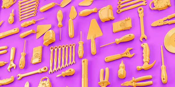 工具集背景修理工具的概念仓库推广3D渲染紫色背景 — 图库照片