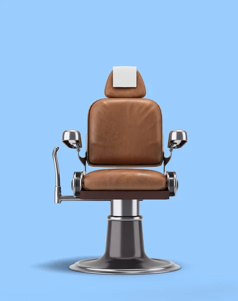 leather barber chair with chrome inserts front view 3d render on blue