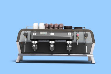 yeni profesyonel kahve makinesi ön görünüm 3D görüntüleme mavi üzerine
