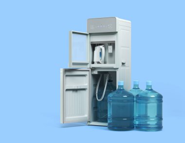 Modrn açık su soğutucu makinesi her ne ise perspektif görünümlü 3D render mavi 