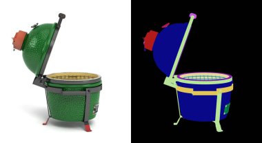 Açık kapaklı küçük barbekü yeşili barbekü mangalı et yemeği hazırlayın. 3D görüntü beyaz ve alfa rengi.