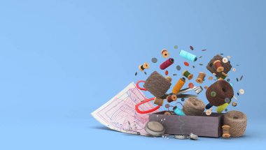 Mavi üzerine yeni dikişli aksesuarlar 3d