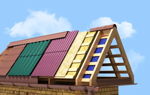 Concept roof of the house concept different types of roofing on a wooden frame 3d render on blue