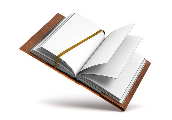 Открытая книга в кожаном чехле чистая белая книга плавает в воздухе 3d рендерить на белом